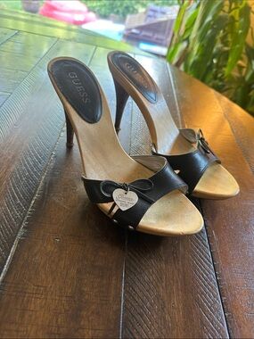 GUESS Black Open-Toe Stiletto Mules with Heart Charm